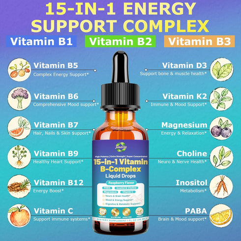 JUIWEFKK 15-in-1 B12 B6 B1 Advanced Vitamin B Complex Liquid Drops for Women Men & Kids, VIT B Complex with Vitamin C