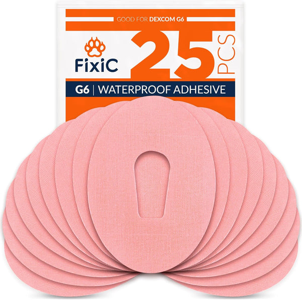 FixiC Adhesive Patches for G6, 25 Pack Premium Waterproof Pre-Cut Back Paper Adhesive Patch for Long Fixation! (Pink)