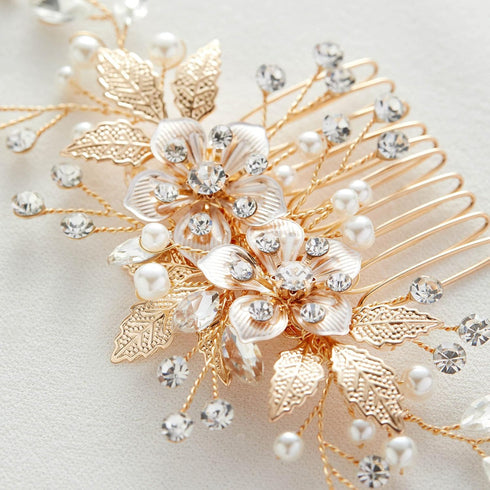 SWEETV Flower Bride Wedding Hair Comb - Pearl Bridal Hair Accessories, Crystal Jewelry Leaf Gold Headpiece