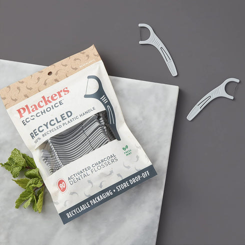 Plackers Ecochoice Activated Charcoal Recycled Dental Flossers - 90 Count (Pack of 4)