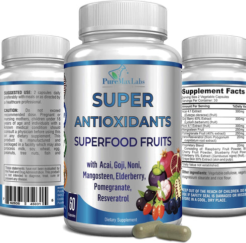 Super Antioxidant Fruit Superfood Complex - 60 Capsules of Powerful Antioxidant Superfruits for Immune Support and Skin