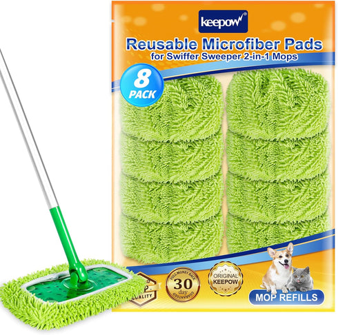 KEEPOW Reusable Microfiber Mop Pads, Compatible with Swiffer Sweeper Mop, 8 Pack for Surface Cleaning