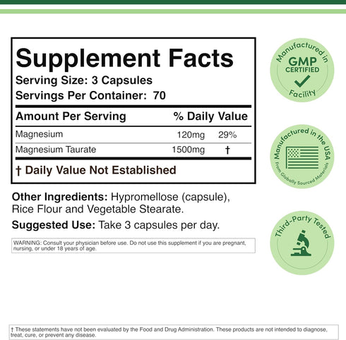 Magnesium Taurate Supplement for Cardiovascular Health, 1,500mg per Serving, 210 Vegan Capsules, Non-GMO