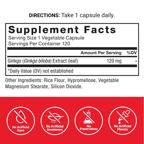 FORCE FACTOR Ginkgo Biloba 120mg | Maximum Strength Brain Health Supplement for Adults | 120 Capsules
