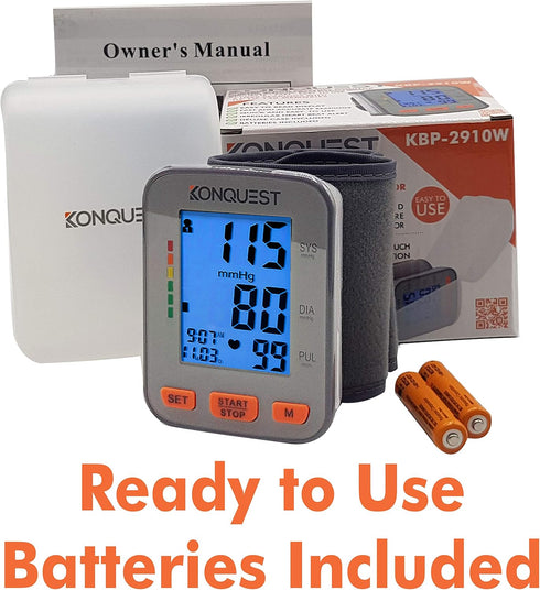 Konquest KBP-2910W Automatic Wrist Blood Pressure Monitor, Accurate Adjustable Cuff, Large Screen Display, Portable Case