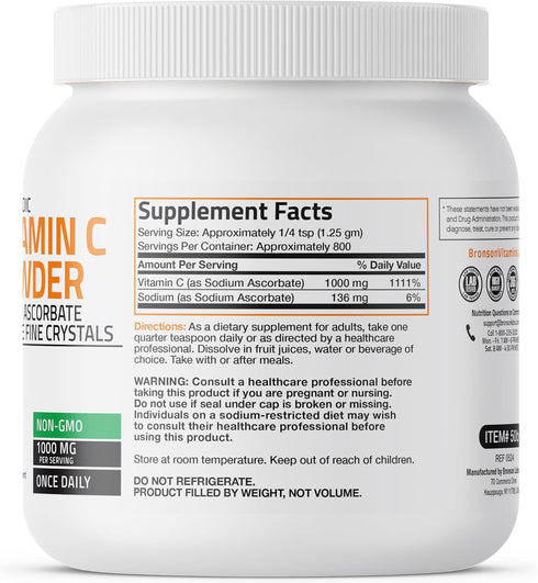 Non Acidic Vitamin C Powder Sodium Ascorbate Non GMO Soluble Fine Crystals - 1 Kilogram for Healthy Immune System