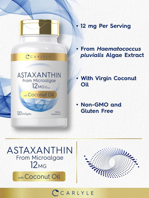 Carlyle Astaxanthin 12mg, 120 Softgels, Non-GMO & Gluten Free Supplement from Microalgae with Coconut Oil