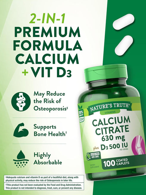 Calcium Citrate with Vitamin D3 | 100 Caplets | Non-GMO, Gluten Free Supplement by Nature's Truth