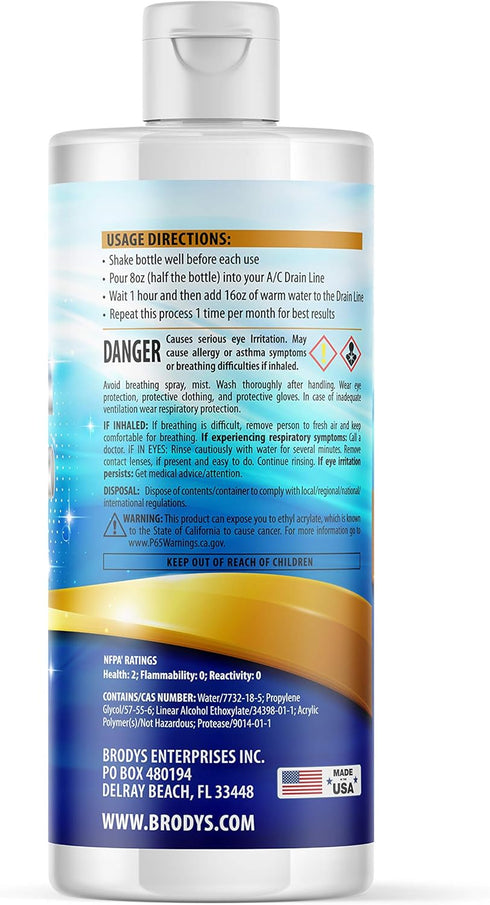 Brodys A/C HVAC Drain Line Cleaner 16oz Bottle, 2 Month Supply for Home and Office Use