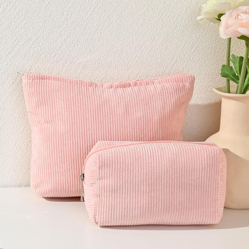 Large Corduroy Pink Makeup Bag, 2 Pieces Canvas Travel Toiletry Organizer, Cute Aesthetic Storage Bag for Women