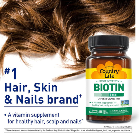 Country Life Biotin High Potency - 5 mg - 60 Vegan Capsules for Healthy Hair, Skin & Nails