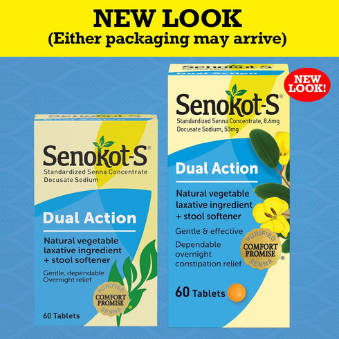 Senokot-S Dual Action 60 Tablets - Natural Vegetable Laxative Ingredient Plus Stool Softener for Constipation