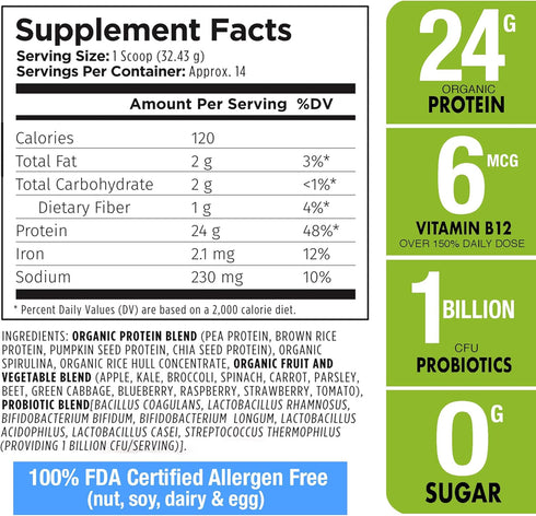 Plantvital Unflavored Organic Vegan Protein Powder - 18 Superfoods, Gluten Free - 16oz (Pack of 2)