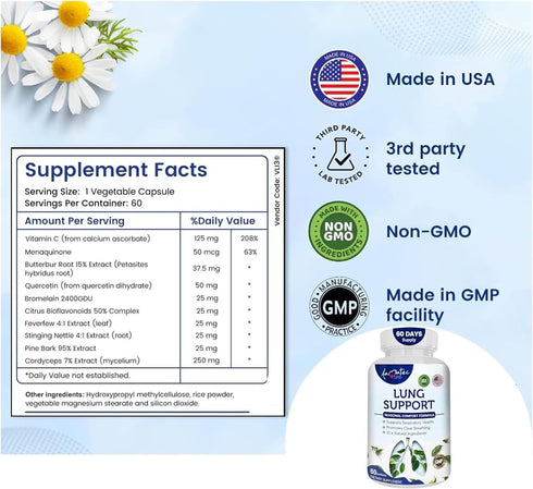 Lung Support Dietary Supplements, Herbal Breathing Support, 60 Capsules Non GMO for Lung Health