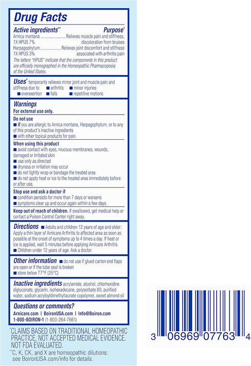 Boiron Arnicare Arthritis Cream with Devil’s Claw for Pain Relief of Joints & Muscles, 2.5 oz