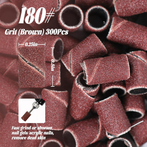 InnoLife 300pcs Grit 180# Nail File Sanding Bands Replacement for 3/32" Shank Size Nail Drill Bits