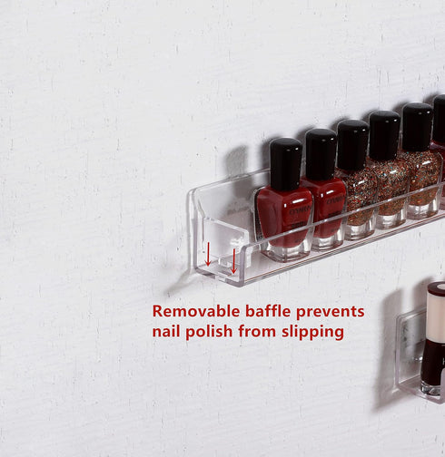 Nail Polish Rack Wall Mounted Shelf, 4 Pack Clear Acrylic Holder Organizer with Removable Anti-slip Inserts, 4 Tiers