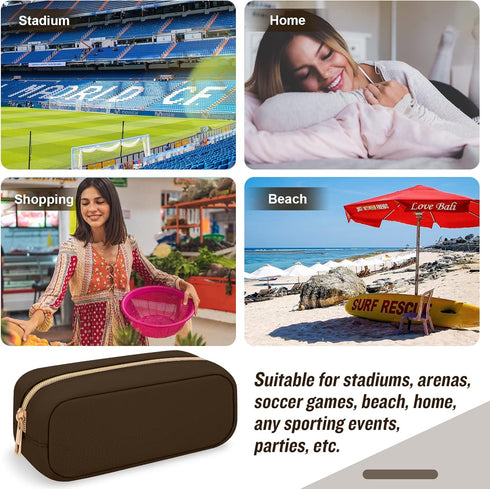 Nylon Small Makeup Bag, Slim Cosmetic Zipper Pouch, Waterproof Travel Coin Pouch for Women, Girls, Teens (Brown)