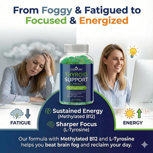 Gummies CogniTune Thyroid Support - Complete Formula for Women and Men with Iodine and Ashwagandha - Natural Energy