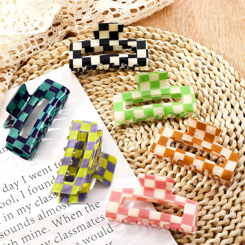 Whaline 6 Pack Checkered Hair Claw Clips - Strong Hold Rectangle Multicolored Plaid Non-Slip Hair Clips