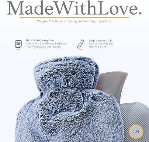 Hot Water Bottle with Soft Cover - 1.8L Large Classic Hot Water Bag for Pain Relief, Blue.