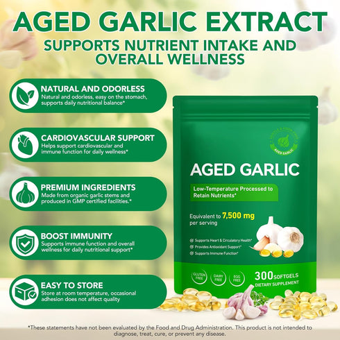 UXENPHXF Immune Whole,300 Aged Garlic Extract Capsules, & Antioxidant Support Garlic Soft Capsules, Supports Heart