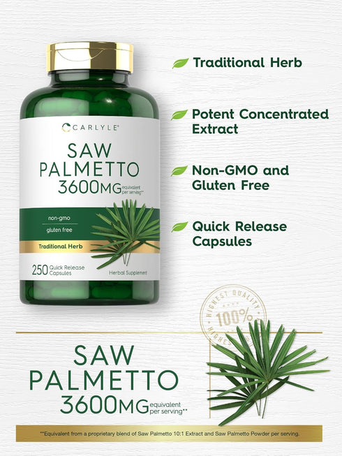 Carlyle Saw Palmetto Extract, 3600mg, 250 Capsules, Non-GMO Gluten Free Formula from Saw Palmetto Berries