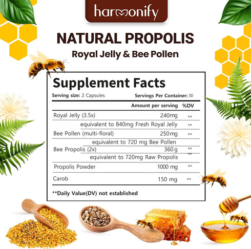 Bee Pollen Propolis Royal Jelly Extract | 1000 mg | Pure Immune Support Supplement | Gluten-Free, Vegetarian Capsules