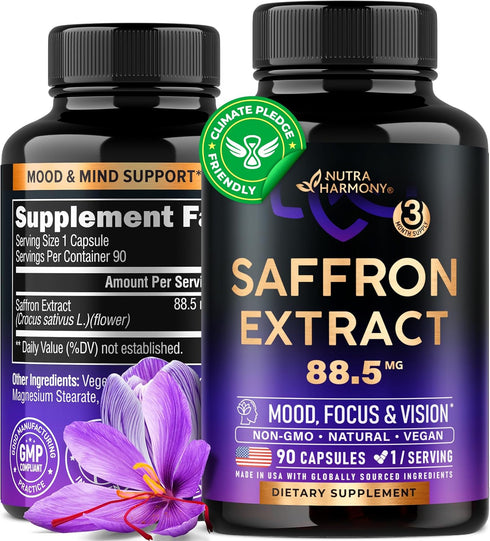 Natural Saffron Supplements, Pure Saffron Extract 88.5 mg, 90 Powder Capsules for Mood & Energy Support