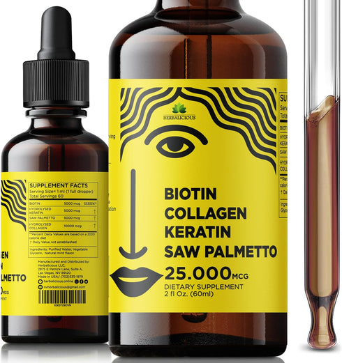 Liquid Collagen Supplements for Women, 2 fl oz, 10000 mcg Collagen, 5000 mcg Biotin, Keratin & Saw Palmetto