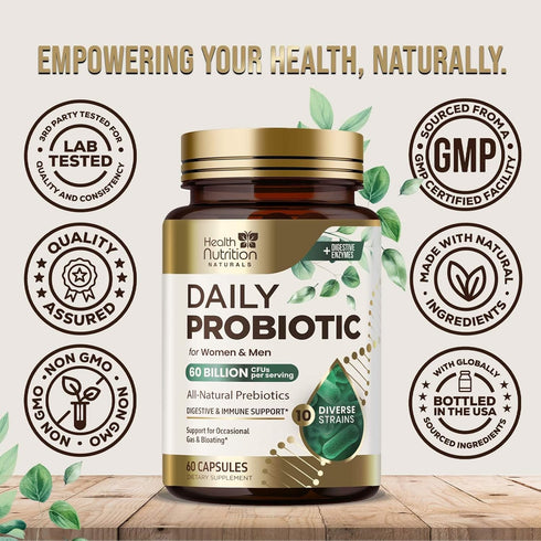 Daily Probiotics and Prebiotics 60 Billion CFU - 10 Diverse Strains for Digestion, 60 Capsules for Men and Women