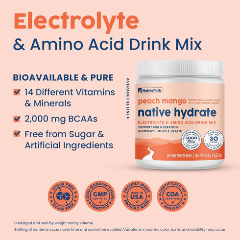 NativePath Hydrate Electrolytes Powder, Zero Sugar with BCAAs, Peach Mango Flavor, Keto & Paleo Friendly, 30 Servings