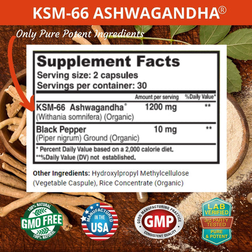 FRESH HEALTHCARE Ashwagandha Capsules KSM-66, 1200mg Pure Root Extract, 60 Vegan Capsules
