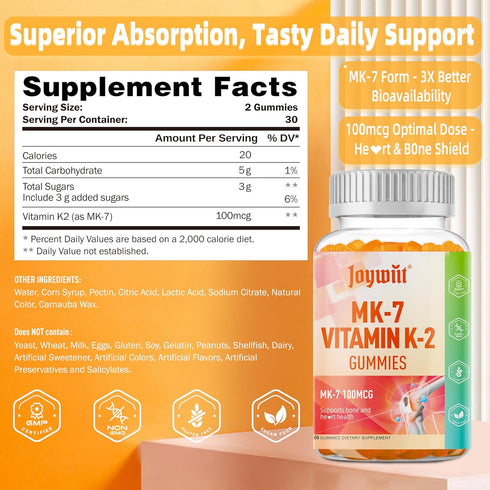 K2 MK-7 Gummies 100mcg, K2 60 Gummies Vitamin Extra Strength Vitamin Supplement for Bone & He-Art Support, Chewable