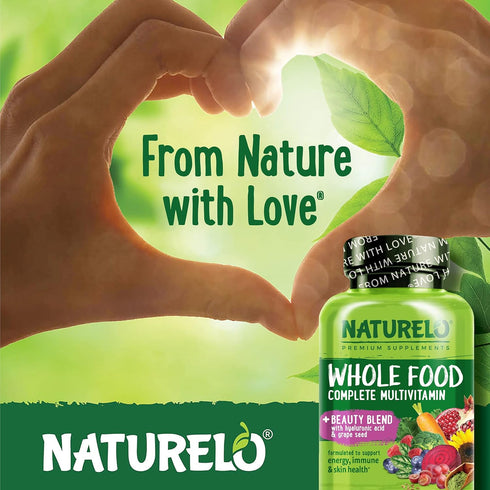 NATURELO Whole Food Multivitamin with Extra Hair, Skin and Nails Support - 60 Vegan Capsules