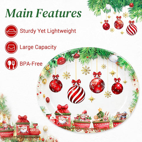 LIKAJON 50 12 10 Inch Pcs Oval Christmas Ball Paper Plates, x Large Disposable Christmas Heavy Duty Paper Plates