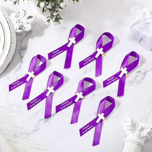100 Pcs Cross Funeral Ribbons - Memorial Ribbon with Safety Pin for Mourning (Purple)