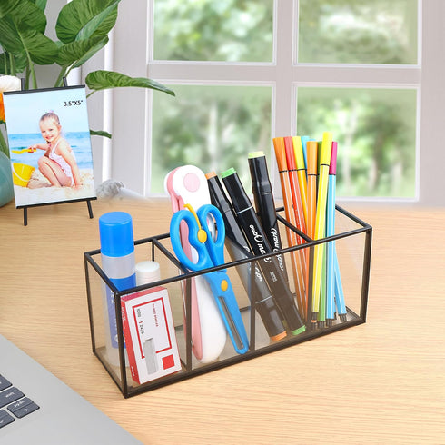 Luxurious Clear Glass Makeup Brush Organizer, Tempered Glass Cosmetics Storage Holder for Bathroom Decor (Black, 4
