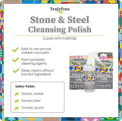 Stone & Steel Cleansing Polish Starter Kit, 16oz Spray Bottle with 2 Refills for Quartz, Marble, Granite
