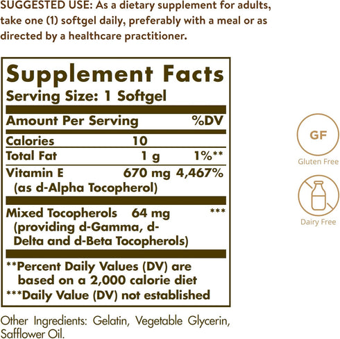 Solgar Vitamin E 670 mg (1000 IU) - 100 Softgels - Natural Antioxidant for Skin & Immune System Support