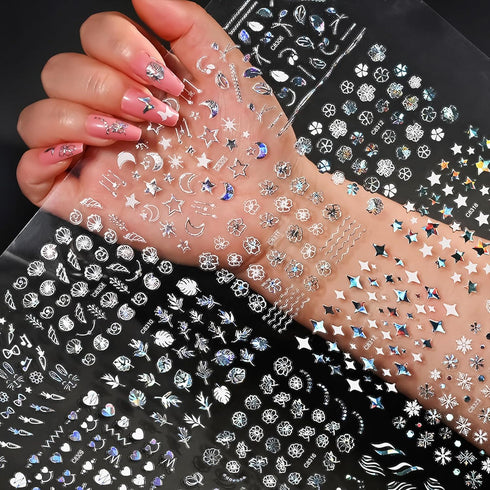 90 Sheets Silver Nail Art Stickers, Holographic Laser 3D Self Adhesive Designs for Nail Decoration with Tweezer