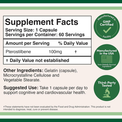 Pterostilbene Supplement 100mg Capsules, 60 Capsules, Superior to Resveratrol, Antioxidant for Longevity Support