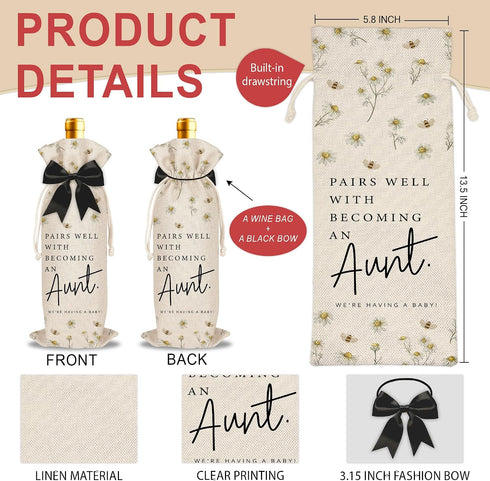 LOhgys Aunt Pregnancy Announcement Wine Bag, Pairs Well with Becoming an Aunt Daisy Print Linen Bottle Bag, New Baby