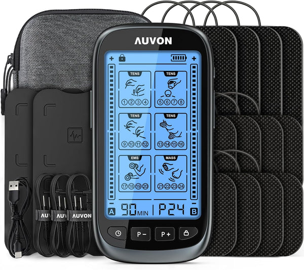 AUVON 3-in-1 TENS Unit Muscle Stimulator, Dual Channel Electronic Pulse Massager, 24 Modes for Pain Relief Therapy