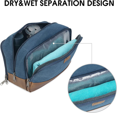 WANDF Travel Toiletry Bag for Men - Leather and Canvas Dopp Kit, Small Bathroom Bag for Travel Accessories (Blue)