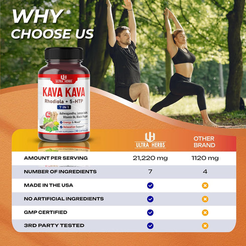 Kava Kava Capsules Supplement - 21,220MG Formula Enriched with Ashwagandha, 5-HTP, Rhodiola, Lemon Balm, Support Mood,