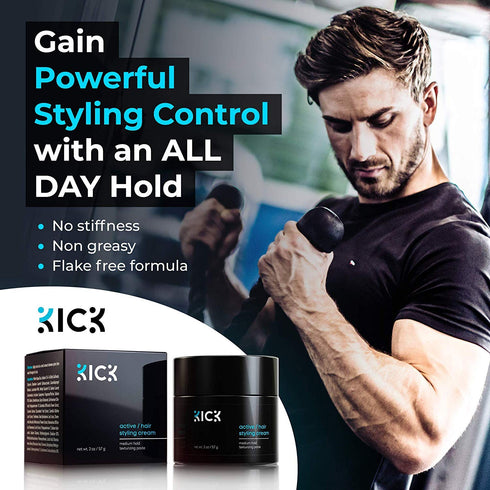 Kick Men's Medium Hold Hair Cream, Non Greasy, Thickening, Damage Control, Hydrating, 2 Oz