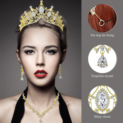 Hicarer 3 Pieces Baroque Queen Crown Set, Crystal Tiara Earrings Necklace for Women Bridal Jewelry