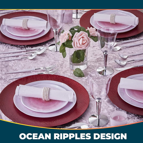 Hammered 10.25" (Pack 10) Silver Spoons Lava Collection White Plastic Dinner Plates with Blush Mist Finish