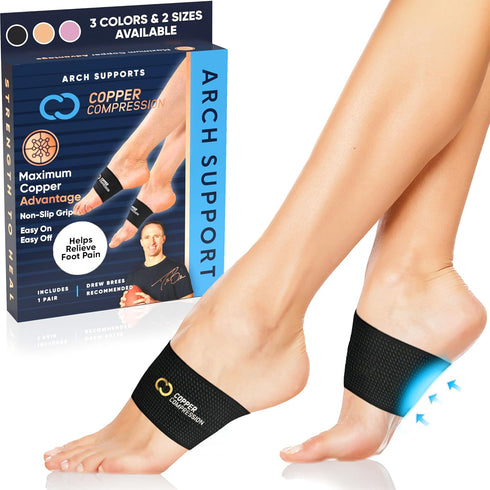 Copper Compression Large Size Arch Support - 2 Pain Relief Foot Care Brace Sleeves for Plantar Fasciitis, Heel Spurs -